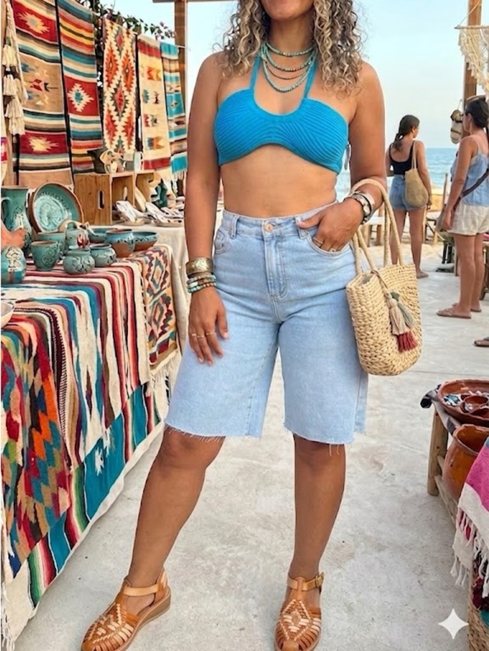 Blue Ribbed Halter Crop Top - Unbranded